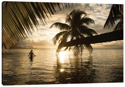 Woman Standing In The Pacific Ocean At Sunset, Moorea, Tahiti, French Polynesia I Canvas Art Print