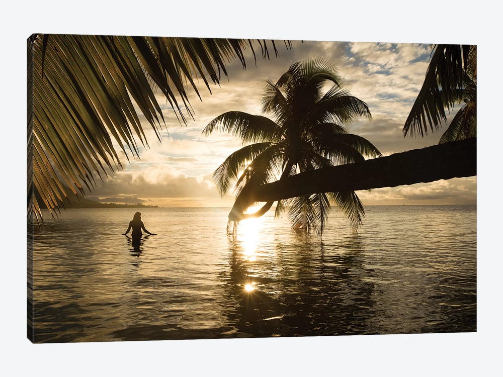 Woman Standing In The Pacific Ocean At Sunset, Moorea, Tahiti, French Polynesia I by Panoramic Images 1-piece Canvas Wall Art