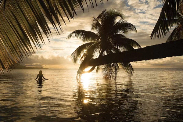 Figurative Photography: Woman Standing In The Pacific Ocean At Sunset, Moorea, Tahiti, French Polynesia I by Panoramic Images