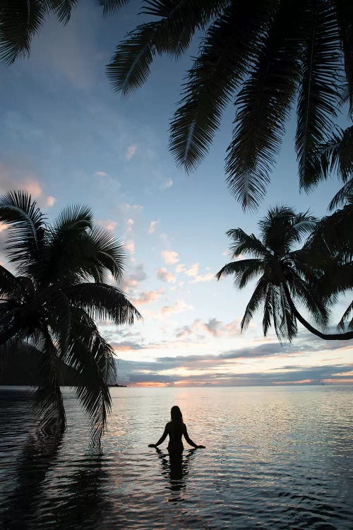 Woman Standing In The Pacific Ocean At Sunset, Moorea, Tahiti, French Polynesia II