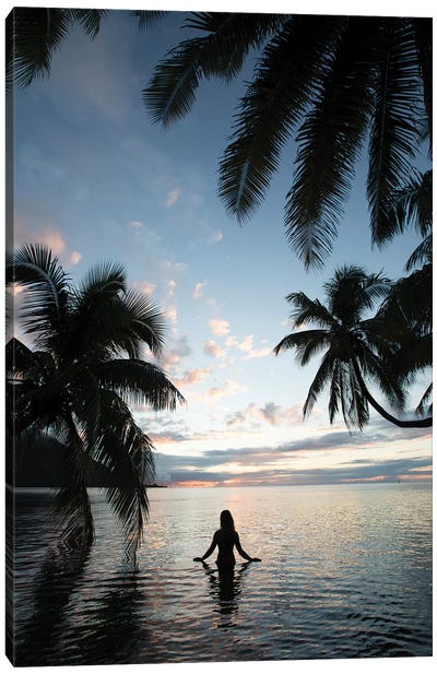 Woman Standing In The Pacific Ocean At Sunset, Moorea, Tahiti, French Polynesia II Canvas Art Print - Golden Hour