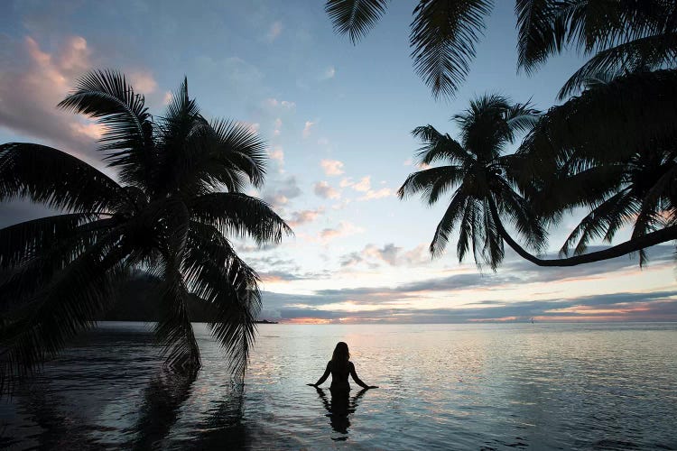 Woman Standing In The Pacific Ocean At Sunset, Moorea, Tahiti, French Polynesia III