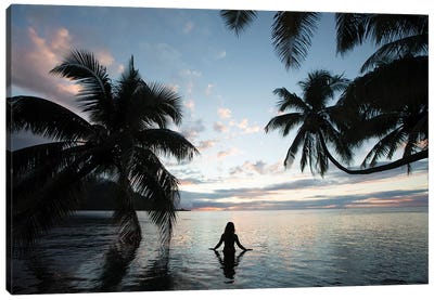Woman Standing In The Pacific Ocean At Sunset, Moorea, Tahiti, French Polynesia III Canvas Art Print - French Polynesia Art