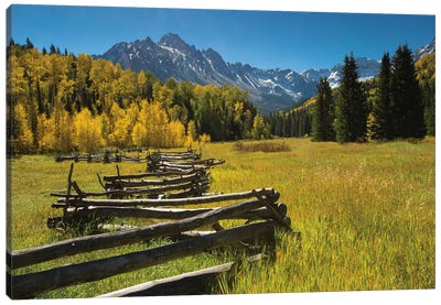 Wooden Fence In A Forest, Maroon Bells, Maroon Creek Valley, Aspen, Pitkin County, Colorado, USA Canvas Art Print - Mountain Art