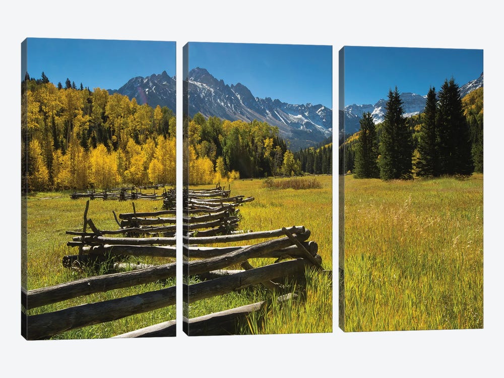 Wooden Fence In A Forest, Maroon Bells, Maroon Creek Valley, Aspen, Pitkin County, Colorado, USA by Panoramic Images 3-piece Canvas Artwork