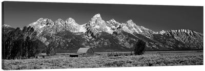 Barn On Plain Before Mountains, Grand Teton National Park, Wyoming, USA Canvas Art Print - Panoramic Photography