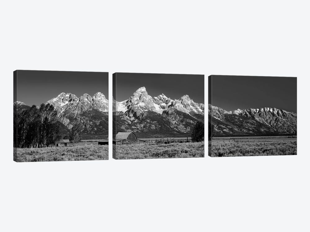 Barn On Plain Before Mountains, Grand Teton National Park, Wyoming, USA by Panoramic Images 3-piece Canvas Print