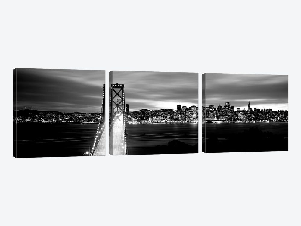 Bridge Lit Up At Dusk, Bay Bridge, San Francisco Bay, San Francisco, California, USA II by Panoramic Images 3-piece Canvas Art