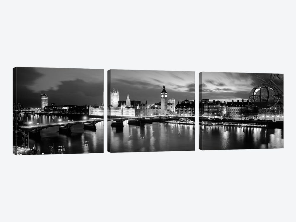 Buildings Lit Up At Dusk, Big Ben, Houses Of Parliament, London, England by Panoramic Images 3-piece Canvas Print