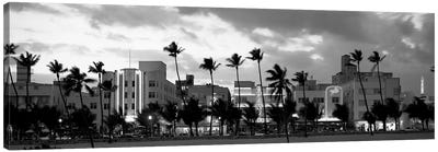 Buildings Lit Up At Dusk, Ocean Drive, Miami Beach, Florida, USA Canvas Art Print - Black & White Photography