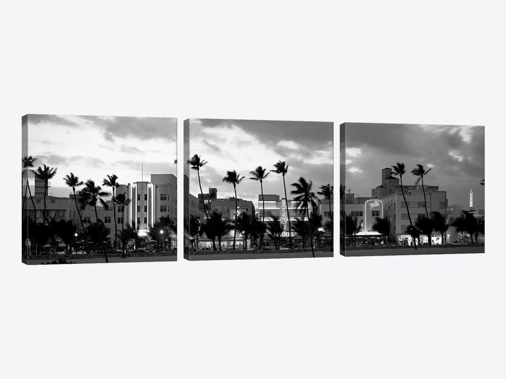 Buildings Lit Up At Dusk, Ocean Drive, Miami Beach, Florida, USA by Panoramic Images 3-piece Canvas Wall Art