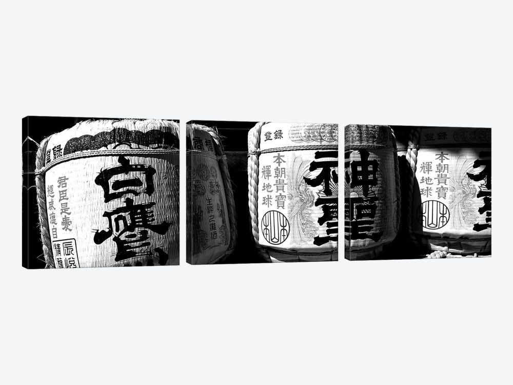 Close-Up Of Three Dedicated Sake Barrels, Imamiya Temple, Kita-Ku, Kyoto, Kyoto Prefecture, Kinki Region, Honshu, Japan by Panoramic Images 3-piece Canvas Print