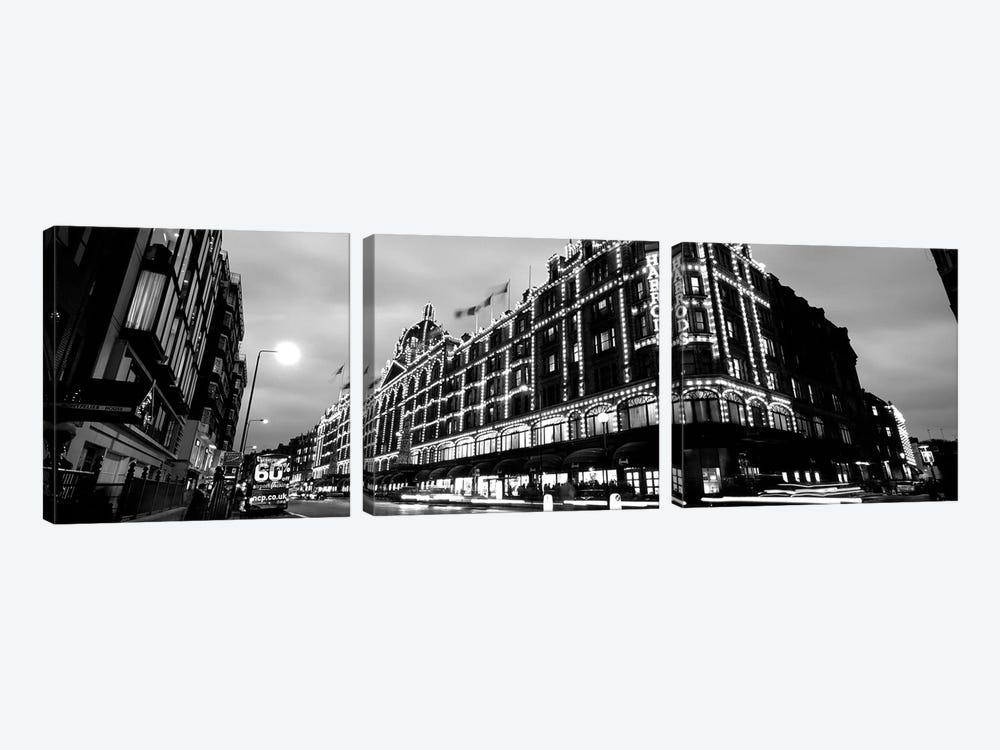 Low-Angle View Of Buildings Lit Up At Night, Harrods, London, England by Panoramic Images 3-piece Canvas Art