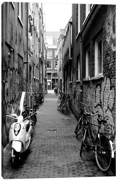 Scooters And Bicycles Parked In A Street, Amsterdam, Netherlands Canvas Art Print - Motorcycle Art