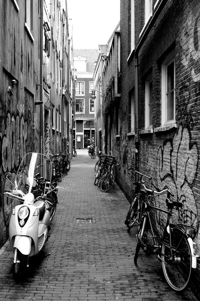 Motorcycles: Scooters And Bicycles Parked In A Street, Amsterdam, Netherlands by Panoramic Images