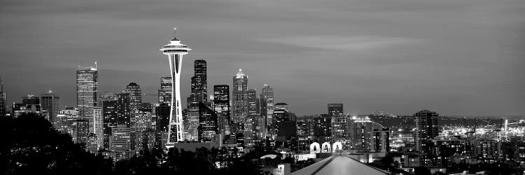 Skyscrapers In A City Lit Up At Night, Space Needle, Seattle, King County, Washington State, USA