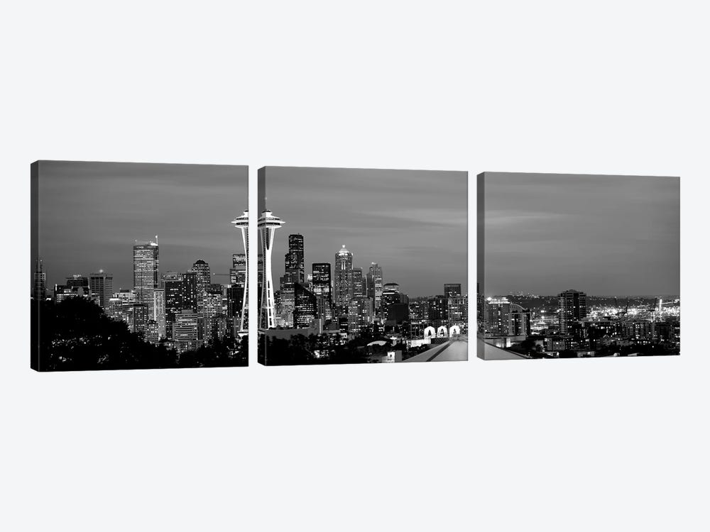 Skyscrapers In A City Lit Up At Night, Space Needle, Seattle, King County, Washington State, USA by Panoramic Images 3-piece Canvas Artwork