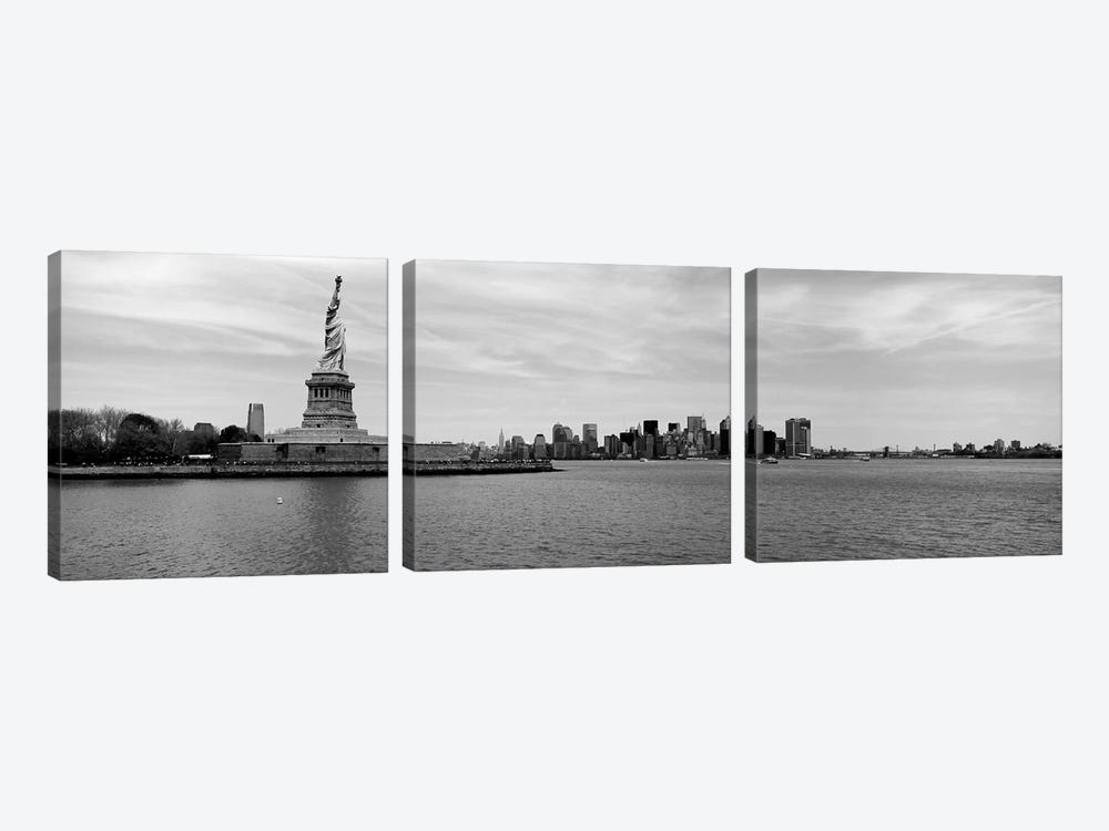 Statue Of Liberty With Manhattan Skyline In The Background, Ellis Island, New York City, New York State, USA by Panoramic Images 3-piece Canvas Art Print