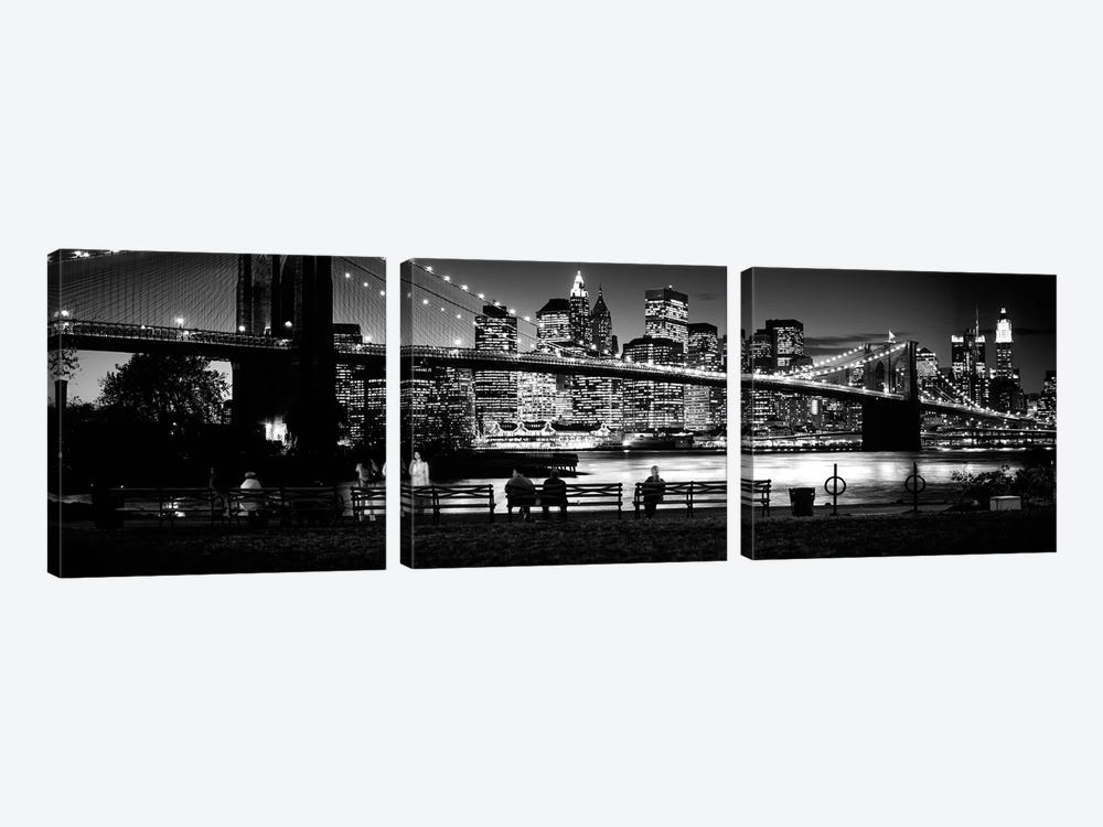 Suspension Bridge Lit Up At Dusk, Brooklyn Bridge, East River, Manhattan, New York City, New York State, USA by Panoramic Images 3-piece Canvas Art Print