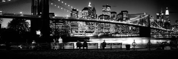 Suspension Bridge Lit Up At Dusk, Brooklyn Bridge, East River, Manhattan, New York City, New York State, USA
