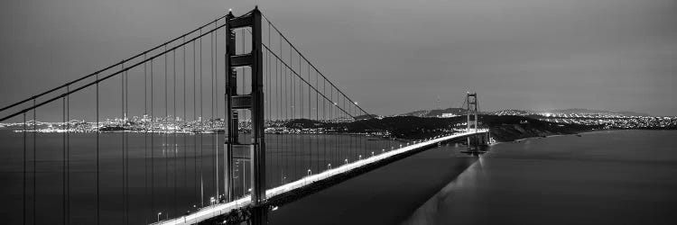 Suspension Bridge Lit Up At Dusk, Golden Gate Bridge, San Francisco, California, USA