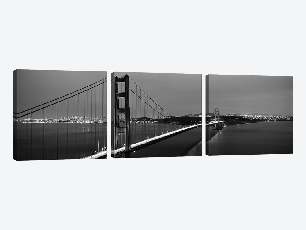 Suspension Bridge Lit Up At Dusk, Golden Gate Bridge, San Francisco, California, USA by Panoramic Images 3-piece Canvas Artwork