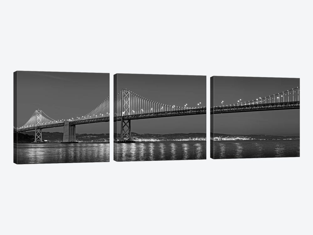Suspension Bridge Over Pacific Ocean Lit Up At Dusk, Bay Bridge, San Francisco Bay, San Francisco, California, USA by Panoramic Images 3-piece Canvas Wall Art