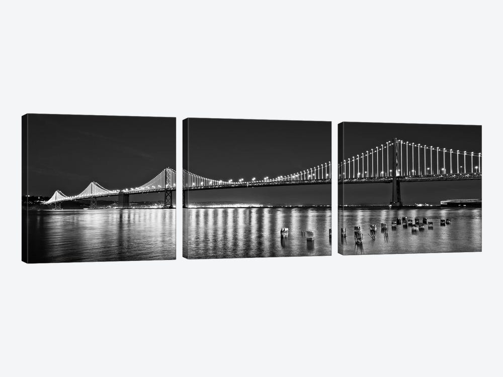 Suspension Bridge Over Pacific Ocean Lit Up At Night, Bay Bridge, San Francisco Bay, San Francisco, California, USA by Panoramic Images 3-piece Canvas Print