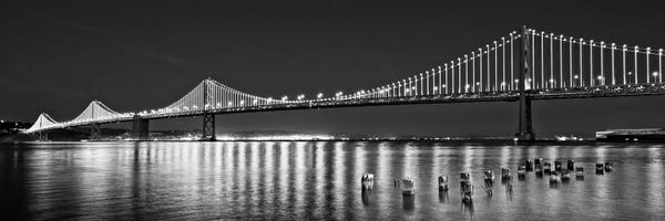 Suspension Bridge Over Pacific Ocean Lit Up At Night, Bay Bridge, San Francisco Bay, San Francisco, California, USA