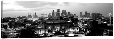 Union Station At Sunset With City Skyline In Background, Kansas City, Missouri, USA Canvas Art Print - Black & White Photography