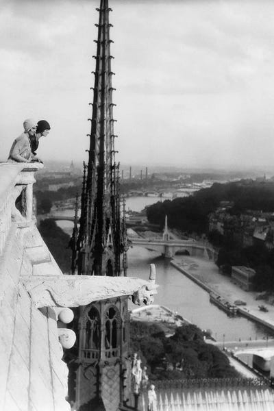 1920s Two Women Looking Out From Top Of Notre Dame Cathedral Paris France by Panoramic Images framed canvas print