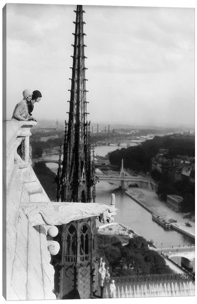 1920s Two Women Looking Out From Top Of Notre Dame Cathedral Paris France Canvas Art Print - Black & White Cityscapes
