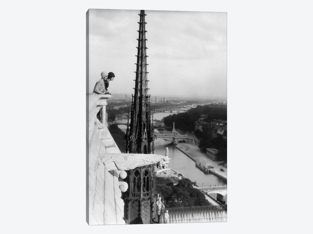 1920s Two Women Looking Out From Top Of Notre Dame Cathedral Paris France by Panoramic Images 1-piece Canvas Art