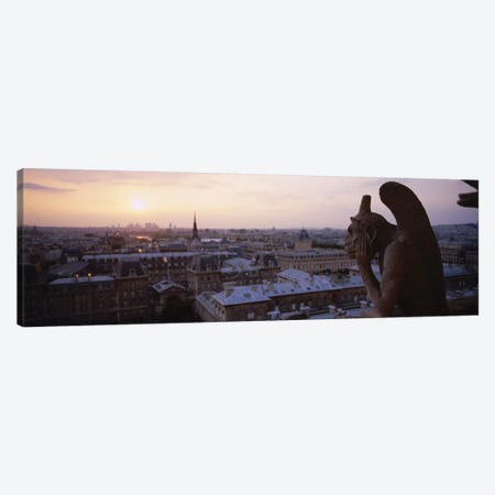 Chimera Sculpture With A Cityscape In The Background, Galerie Des Chimeres, Notre Dame, Paris, Ile-De-France, France Canvas Print #PIM15325} by Panoramic Images Canvas Art