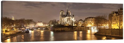 Notre Dame And Eiffel Tower At Dusk, Paris, Ile-De-France, France Canvas Art Print - Notre Dame Cathedral