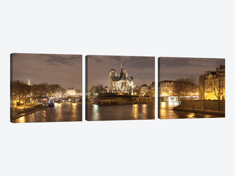 Notre Dame And Eiffel Tower At Dusk, Paris, Ile-De-France, France by Panoramic Images 3-piece Canvas Art Print