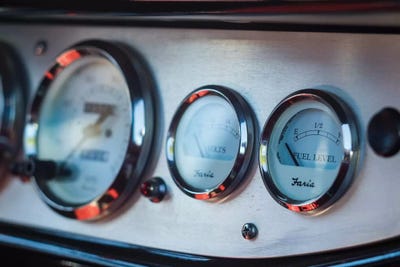 1930's-era car exterior radiator temperature gauge, Gloucester, Cape Ann, Essex County, Massachusetts, USA by Panoramic Images canvas print