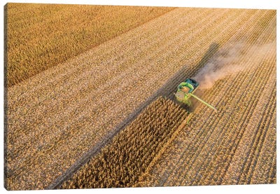 Aerial view of combine harvesting corn crop, Marion County, Illinois, USA Canvas Art Print - Corn Art