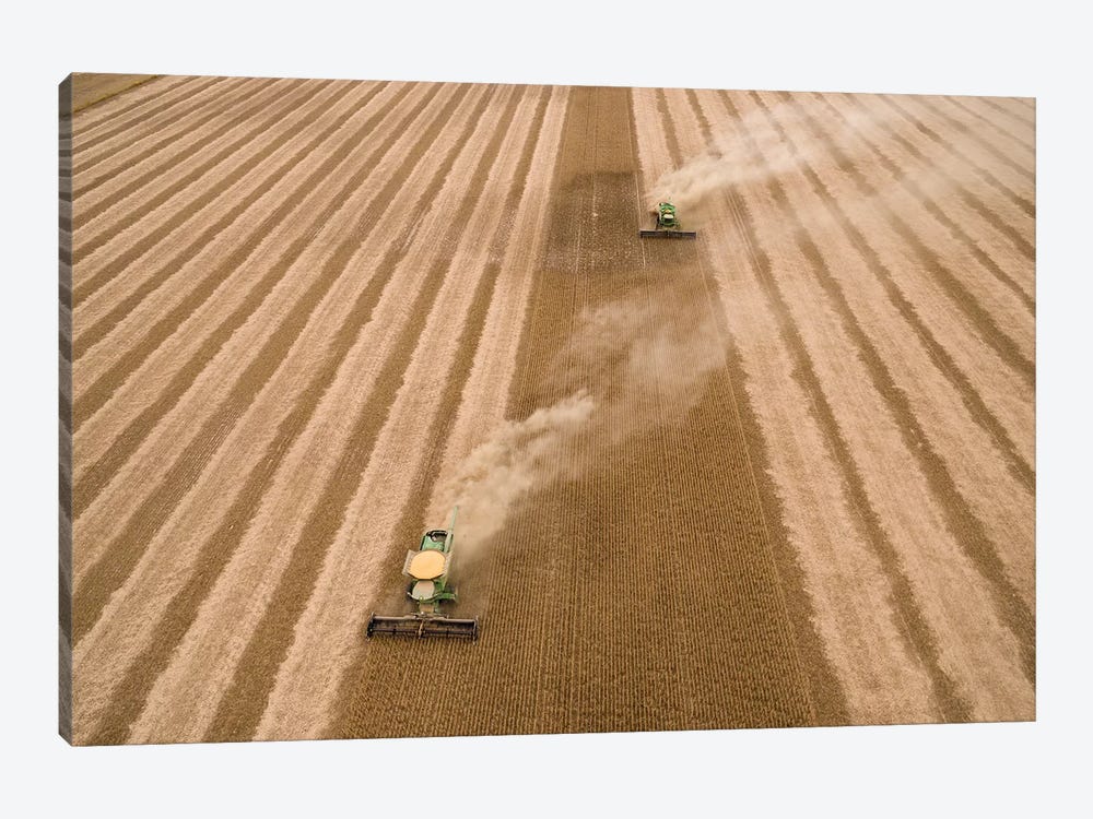 Aerial view of combine harvesting soybean crop, Marion County, Illinois, USA by Panoramic Images 1-piece Canvas Art
