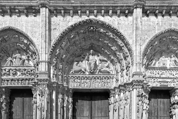 American Flags: Architectural details at the entrance of a cathedral, Portail Royal, Chartres Cathedral, Chartres, Eure-et-Loir, France by Panoramic Images