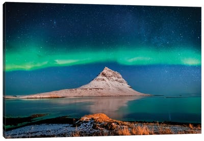 Aurora Borealis or Northern lights with the Milky Way Galaxy, Mt. Kirkjufell, Grundarfjordur, Snaefellsnes Peninsula, Iceland Canvas Art Print - Galaxy Art
