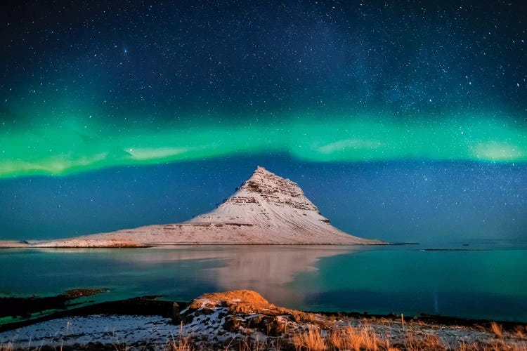 Aurora Borealis or Northern lights with the Milky Way Galaxy, Mt. Kirkjufell, Grundarfjordur, Snaefellsnes Peninsula, Iceland