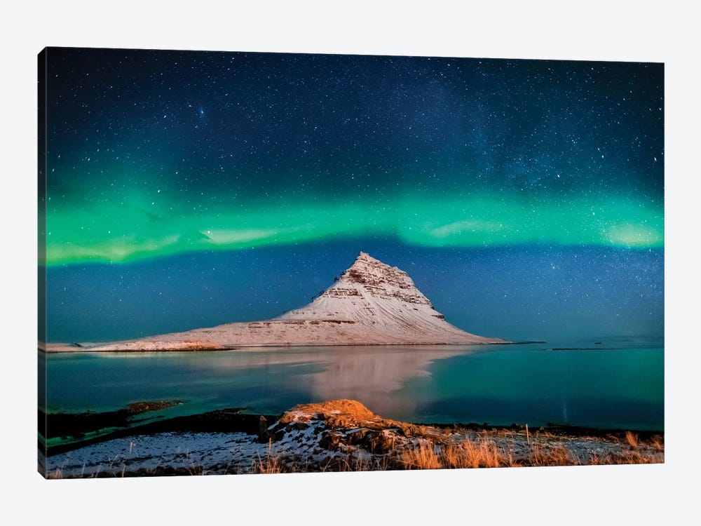 Aurora Borealis or Northern lights with the Milky Way Galaxy, Mt. Kirkjufell, Grundarfjordur, Snaefellsnes Peninsula, Iceland by Panoramic Images 1-piece Canvas Wall Art