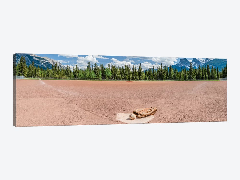 Baseball glove and ball on landscape, Baseball Diamond, Alberta, Canada by Panoramic Images 1-piece Canvas Print