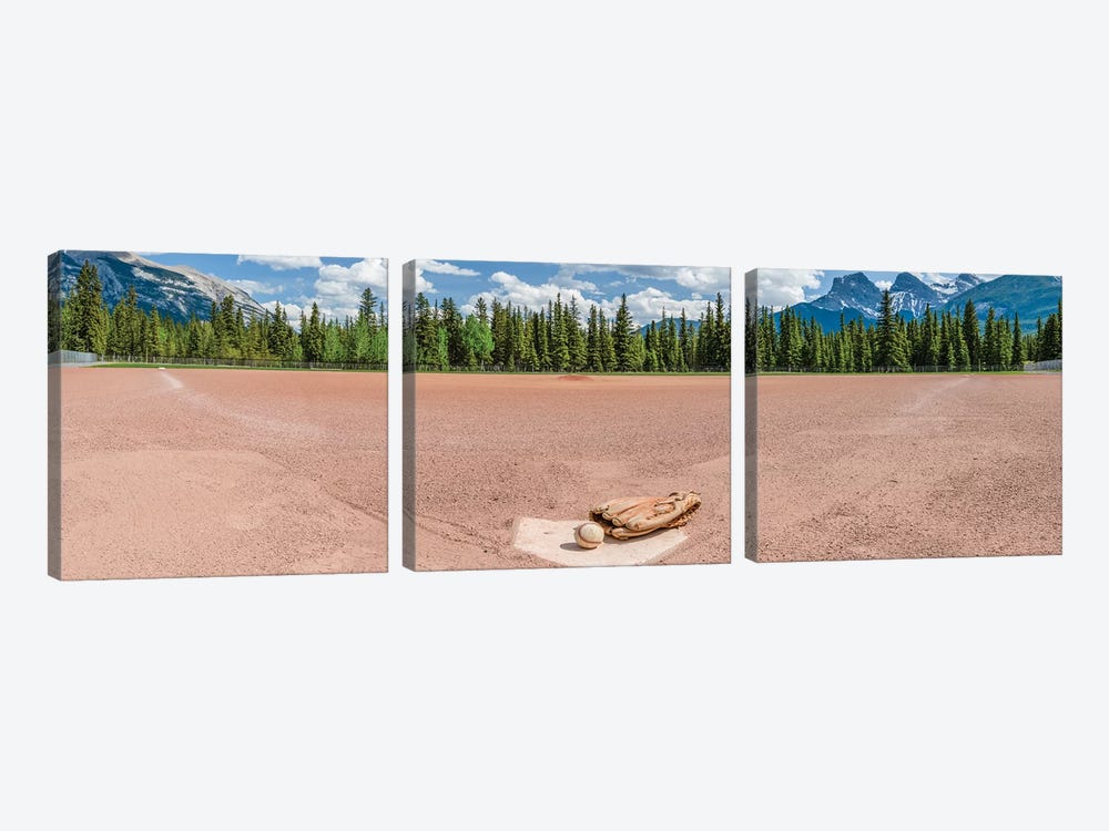 Baseball glove and ball on landscape, Baseball Diamond, Alberta, Canada by Panoramic Images 3-piece Canvas Print