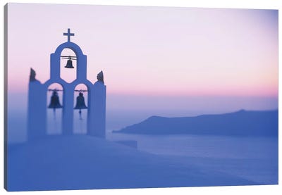 Bell tower of a church at sunset, Santorini, Greece Canvas Art Print - Blue Domed Church Santorini