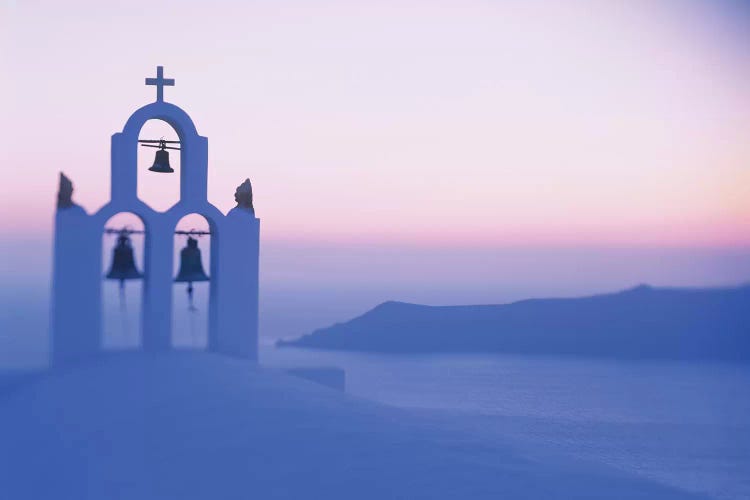 Bell tower of a church at sunset, Santorini, Greece