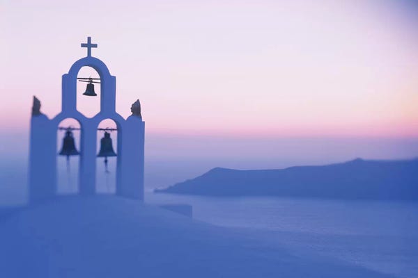 Blue Domed Church Santorini: Bell tower of a church at sunset, Santorini, Greece by Panoramic Images