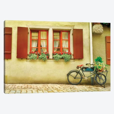 Bicycle outside a house, Rothenburg Ob Der Tauber, Bavaria, Germany Canvas Print #PIM15382} by Panoramic Images Canvas Print