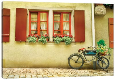 Bicycle outside a house, Rothenburg Ob Der Tauber, Bavaria, Germany Canvas Art Print